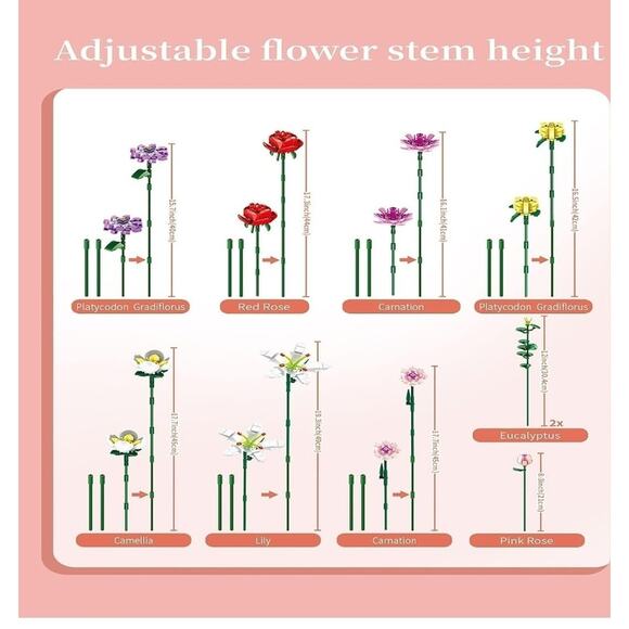 730 Piece Block Flowers Bouquet Building Set, 10 Artificial Flowers, with Vase - Picture 5 of 5